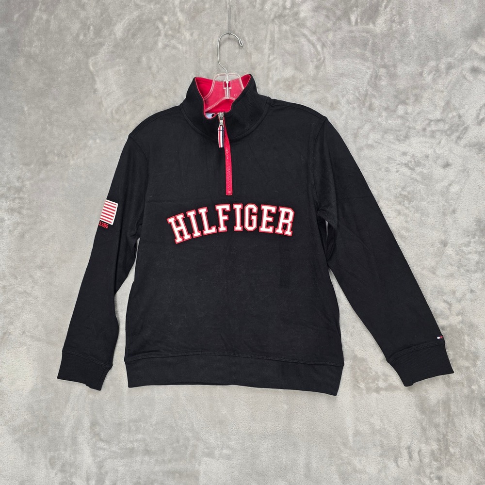 Tommy Hilfiger Pullover Boy Sweater M 12/14 Black Qtr Zip Hilfiger Logo Spellout
